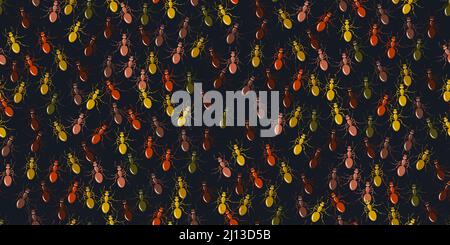 Colony ants. Seamless pattern colorful insects ant on black. Workers ants marching, teamwork. Insects in flat style for bedding prints, phone cases, w Stock Vector