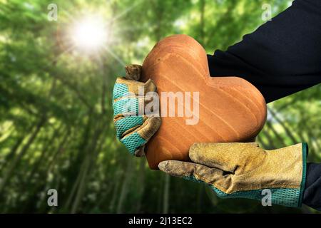 Manual worker with protective work gloves holding a brown wooden heart in a green forest. Sustainable resources and environmental conservation concept Stock Photo