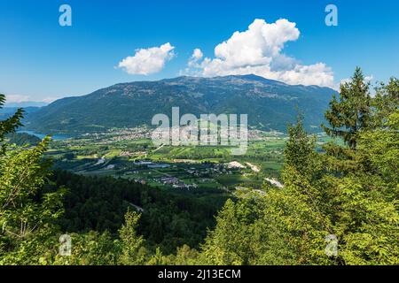 Aerial view of the Sugana valley (Valsugana) with the small town of Levico Terme and lake Levico, Trento province, Trentino Alto Adige, Italy, Europe. Stock Photo