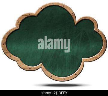 Empty green blackboard with wooden frame in the shape of a cloud with nails. Isolated on white background. Stock Photo