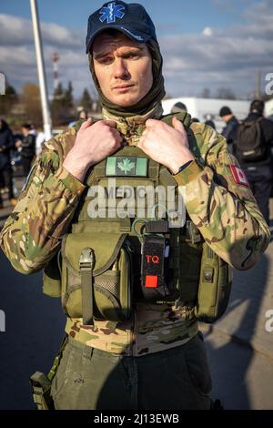 Anthony Walker from Canada has arrived at the Polish-Ukrainian border crossing in Medyka and, like many other volunteers, is preparing for his combat mission in Ukraine. Stock Photo
