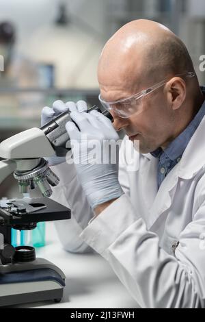Side view of bald mature man in whitecoat, gloves and eyeglasses using microscope while studing new chemical substance in laboratory Stock Photo