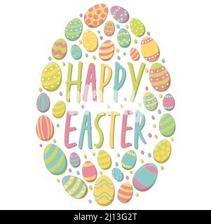 eps vector illustration of painted easter eggs with different colors combined to form a large egg and easter time greetings on white background Stock Vector