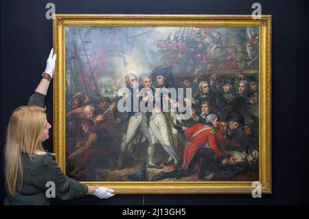 The Chelsea Antiques & Fine Art Fair, London, UK. 22 March 2022. A rediscovered historic painting depicting the moment Admiral Lord Nelson was fatally wounded during the Battle of Trafalgar will go on sale for the first time at The Chelsea Antiques & Fine Art Fair in London, 23-27 March 2022. It is priced at £350,000. ‘Lord Nelson’s Victory off Trafalgar’ will be exhibited for sale by London art dealer Martyn Downer. It was painted by the Boston-born American artist Mather Brown (1761-1831). Credit: Malcolm Park/Alamy Live News Stock Photo