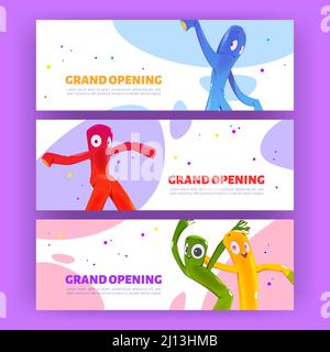 Grand opening posters with dancing inflatable tube men. Vector horizontal banners of event launch or shop open ceremony with cartoon funny air dancers with blowing wind Stock Vector