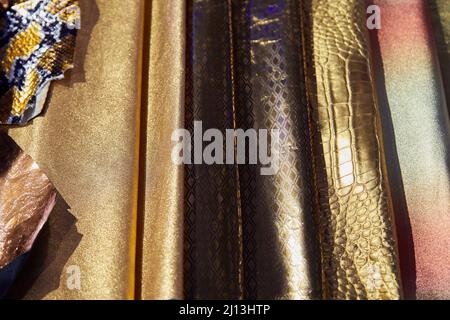 Golden and metallic leather samples texture background Stock Photo