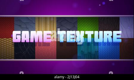 Game texture collection with seamless patterns of woven fabric, stones, leather, bamboo, roof tile and marble. Vector cartoon background set of knit, rocks, animal skin and wood Stock Vector