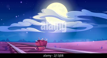 Train sabotage western scene with tnt dynamite lying on railroad at wild west nature landscape with desert under night sky with full moon and clouds. Bandits bomb adversity Cartoon vector illustration Stock Vector