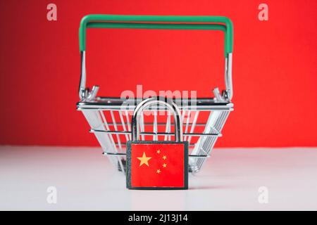 Chinese icon with china sanctions closed ban. Business finance background. Quarantine, pandemic. Virus protection. Stock Photo