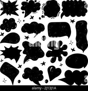 A set of speech bubbles with hand-drawn dialogue words in doodle style. Different forms of speech for comic book characters. Black silhouettes. Speech Stock Vector