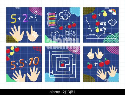Set of web page design templates for mental math school, math course, creative kids. Finger counting. Math. Labyrinth. Puzzles. Modern design vector Stock Vector