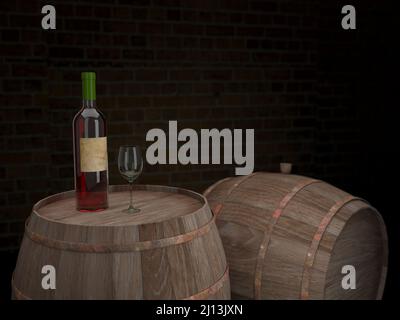 A bottle of wine stands on barrels in a wine cellar. 3D render Stock Photo