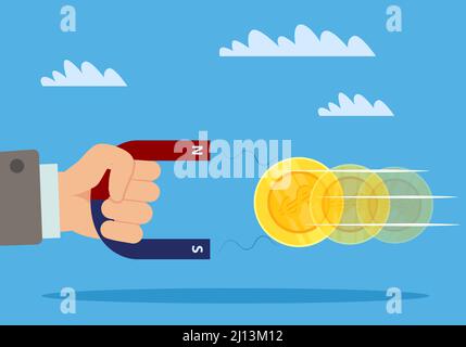 Attracting financing. Financial investment, hand holds huge magnet and attracts gold coins, earn money, business income and benefits, successful Stock Vector