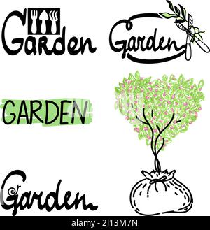 A set of logos for the garden. Simple linear vector style emblems, icons and logos. Stylized garden accessories, snail and tree in a bag. Stock Vector