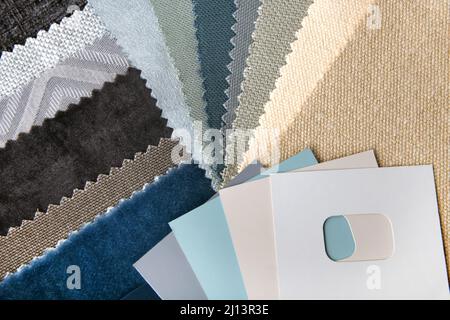 close up of the brown grey blue upholstery fabric texture and color choice for interior Stock Photo