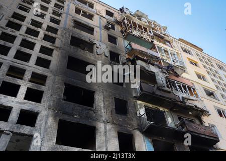 Rocket bomb attack Russia against Ukraine war destruction building ruins city destroyed Mariupol damaged Kyiv ruined. 2022 Russian invasion of Ukraine Stock Photo