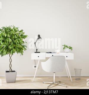 Mockup of a home office area with a beige structured wall, a writing desk, chair, wastebacket, desk lamp, coffee mug and a fig tree. Stock Photo