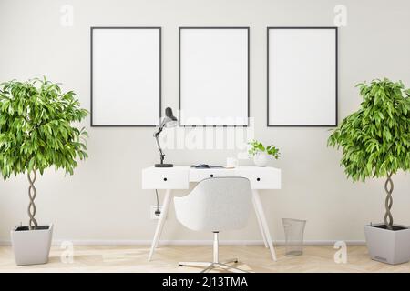Three blank picture frame mockups on a beige structured wall with a writing desk, chair and two fig trees . Stock Photo
