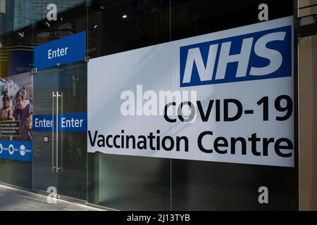 London, UK. 22 March 2022.  A sign at a Covid-19 vaccination centre in Stratford, east London.  It is reported that Covid-19 cases are on the rise as a new Covid-19 variant has emerged and a fourth vaccination may be offered in the autumn  Credit: Stephen Chung / Alamy Live News Stock Photo