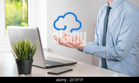 Business man holding icon cloud computing network and icon connection data information in hand. Cloud computing and technology concept Stock Photo