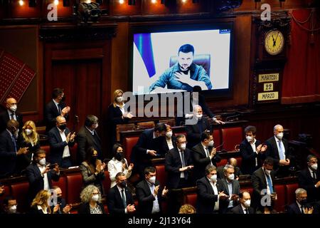 Rome, Italy. 22nd Mar, 2022. The President of the Republic of Ukraine Volodymyr Zelensky in video, during his speech at the Italian Parliament. Rome (Italy), March 22nd 2022Photo Samantha Zucchi Insidefoto Credit: insidefoto srl/Alamy Live News Stock Photo