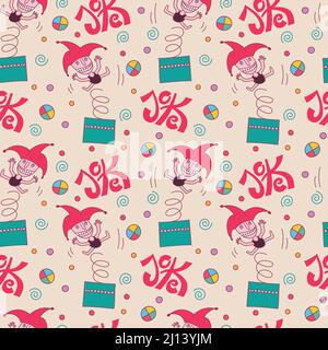 Joke seamless pattern. Word Joke with surprise box and jester. Stock Vector