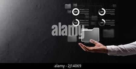 Business developer hand using board framework on virtual modern computer showing innovation Agile software development lean project management tool fa Stock Photo