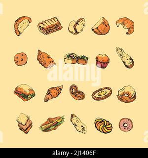 Coloured hand drawn pen sketch of bread and bakery goods. Set of clipart elements Stock Vector