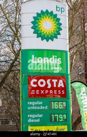 Sign showing fuel prices outside a BP petrol station in North London, UK, as prices reach record levels in March 2022 Stock Photo