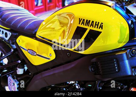 Yamaha XSR 125 motorcycle from Japan with yellow painted tank in Braunschweig, Germany, March 20, 2022 Stock Photo