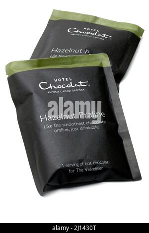 Two Hazelnut Praline Hot Chocolate Sachets from Hotel Chocolat Stock Photo