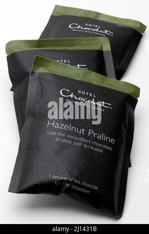 Three Hazelnut Praline Hot Chocolate Sachets from Hotel Chocolat Stock Photo