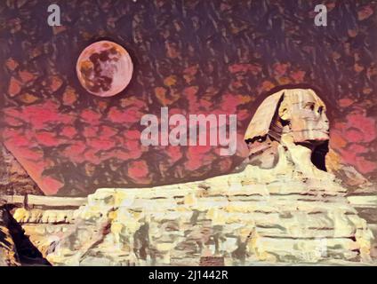 Great Sphinx of Giza with a full moon in the cloudless sky. The photo ...
