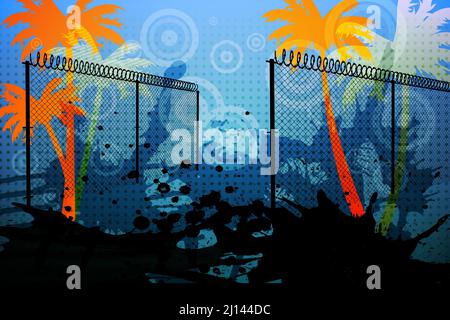 Barbed wire over silhouette of palm trees against blue background Stock Photo