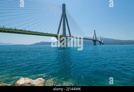 Panoramic view of suspension bridge Rio - Antirio near Patra, Greece Stock Photo