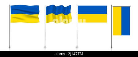 Vector set of Ukraine flags on a metallic pole, isolated on a white background. Stock Vector