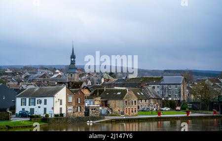 Village Vireux-Wallerand and river Meuse in French Ardennes Stock Photo