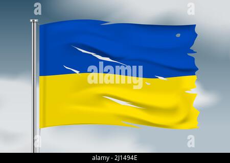 Worn out Ukraine flag waving on a dark cloudy sky background. Damaged Ukrainian flag hanging on a metallic pole, realistic vector illustration. Stock Vector