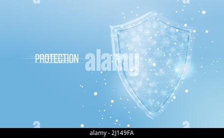 Guard shield. Cyber security concept with glowing low poly shield on blue background. Wireframe low poly design. Abstract futuristic vector Stock Vector
