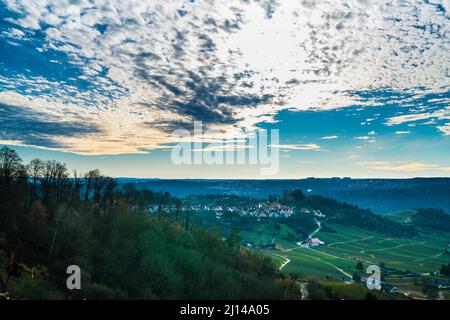 Germany, Stuttgart rotenberg town on a hill with many ways leading through the vineyards, aerial panorama view nature landscape Stock Photo