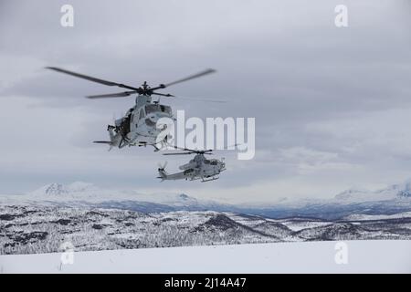 Setermoen, Norway. 17 March, 2022. Royal Norwegian air force Col. Eirik Stueland lands a UH-1Y Venom attack helicopter assigned to Marine Light Attack Helicopter Squadron 269, during Exercise Cold Response 22, March 17, 2022 in Setermoen, Norway. The biennial Norwegian national readiness and defense exercise is seen as a counter to Russian aggression in the region.  Credit: Sgt. Jonathon Wiederhold/U.S. Marine Corps/Alamy Live News Stock Photo
