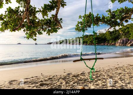 Anse Lazio beach with wooden swing hanging from the tree and waves crashing onto the beach, Praslin Island, Seychelles. Known as one of the most beaut Stock Photo