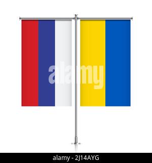 Russia and Ukraine banner flags, hanging side by side on a silver metallic pole. Russian Federation and Ukraine negotiation, partnership vector concept illustration. Stock Vector