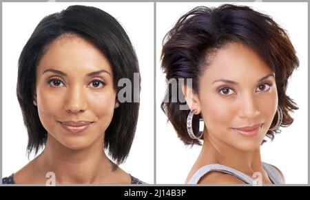 From simple to sublime. Before and after shot of a young woman in the studio. Stock Photo