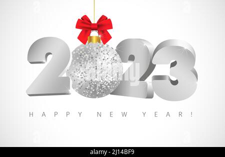 A Happy New Year 2023 web icon or button. Greeting card concept. White snowy bg. Chrismas tree shiny glittering ball. 3D style digits. Abstract isolat Stock Vector