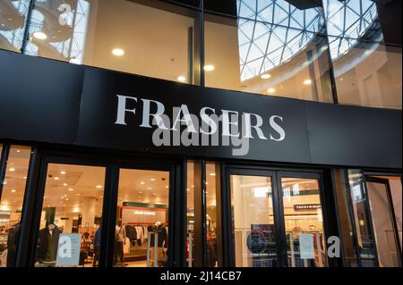 Belfast, UK- Feb 20, 2022: The sign for Frasers store in Belfast Northern Ireland. Stock Photo