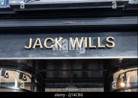 Belfast, UK- Feb 20, 2022: The sign for Jack Wills clothing store in Belfast Northern Ireland. Stock Photo