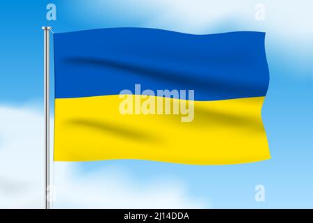Ukraine flag waving on blue sky background with white clouds. Wavy Ukraine flag vector banner. Stock Vector
