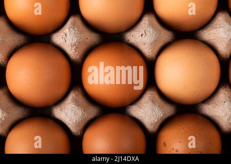 Overhead full frame view of fresh brown eggs on carton Stock Photo