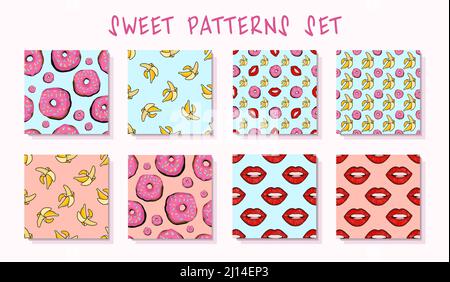 Sweet summer patterns. Seamless texture in pop art style. Bananas, lip print and crystals. Pop art style. Bright summer patterns.Vector illustration. Stock Vector